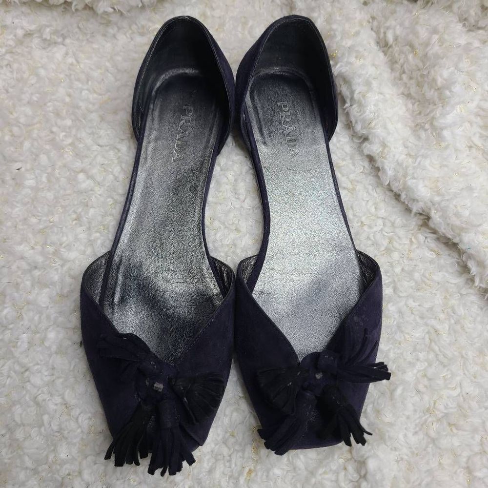 Prada Navy Blue Suede Leather Tassel‎ Peep-toe D'orsay Flats sz 40 - Picture 5 of 10